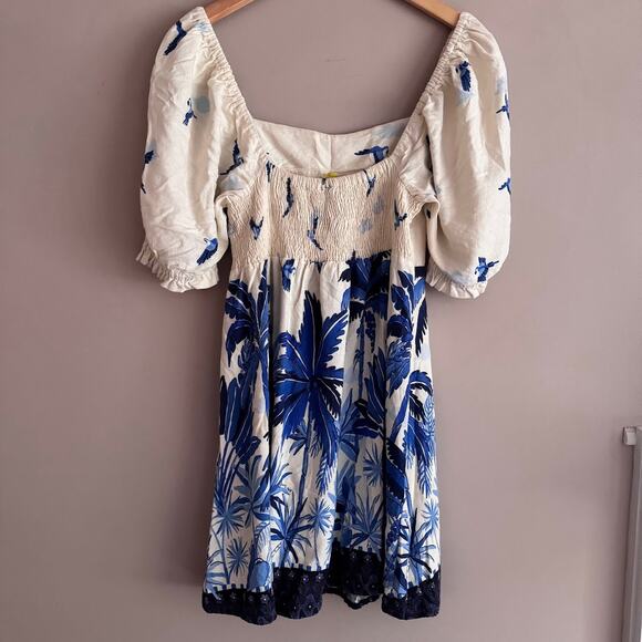 Farm Rio Brazil Blue Bird and Palm Print Puff Sleeve Linen Mini Dress Medium - Picture 10 of 10